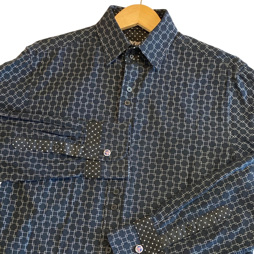 John Lennon Mens Black Geometric Square Print Button Down Shirt Large Cotton